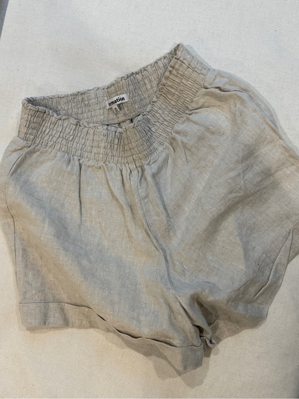 Reformation Beige Linen Smocked Waist Shorts
